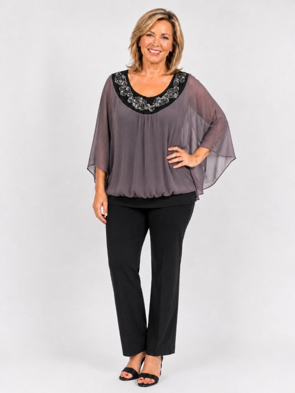 Cha Cha Vente Gray Sheer Top, Black Neckline & Waist Kimono Sleeves, Sz Med, NWT